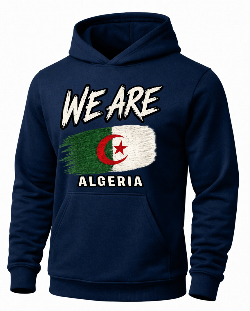 A navy blue pullover hoodie featuring a front graphic with the text 'WE ARE' above a distressed Algerian flag design and 'ALGERIA' below, shown on a plain white background.