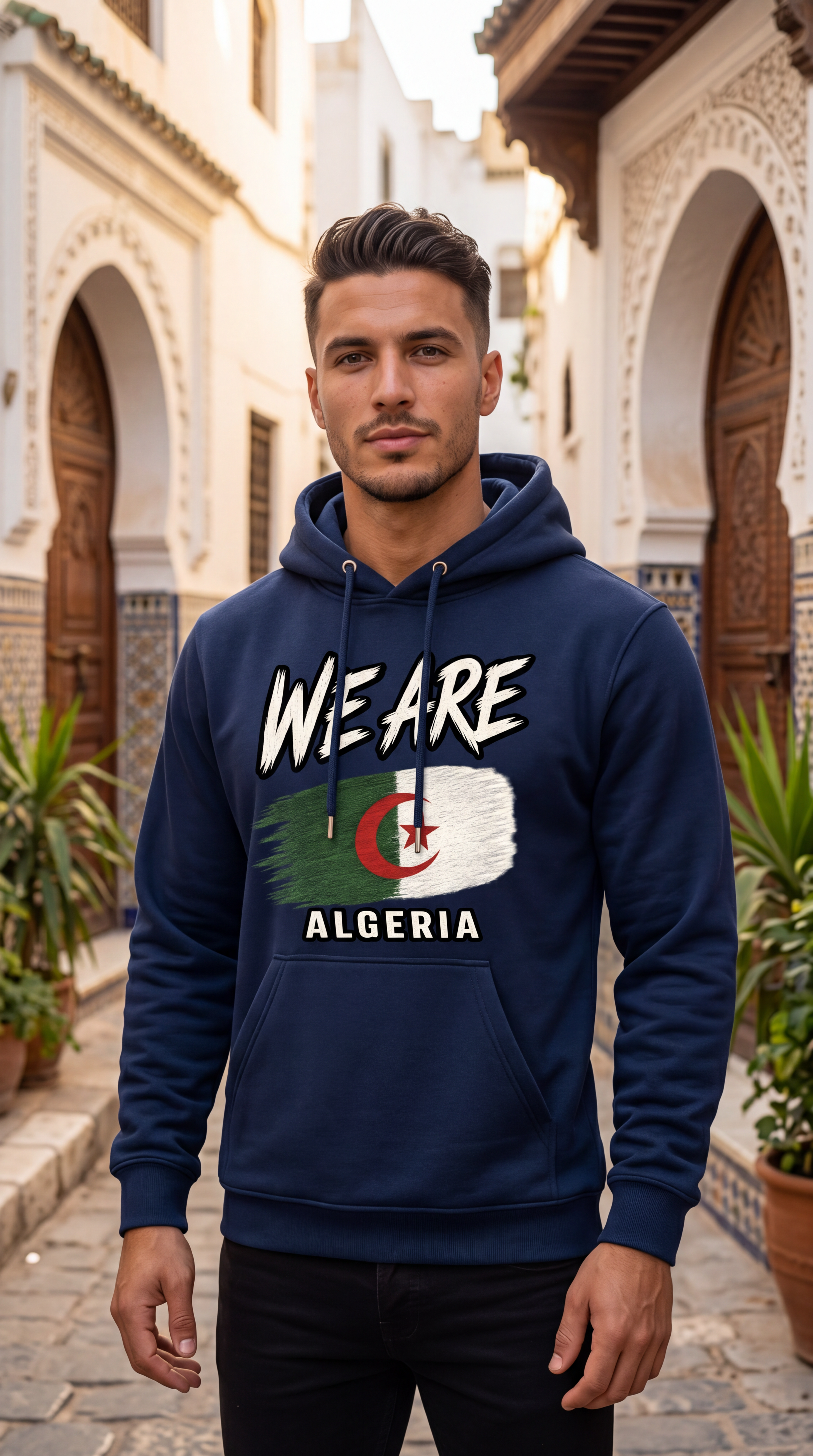 A man wearing a navy blue hoodie with a graphic print of the Algeria flag and the text 'WE ARE ALGERIA' stands in a sunlit outdoor alley with white-walled buildings and potted plants.