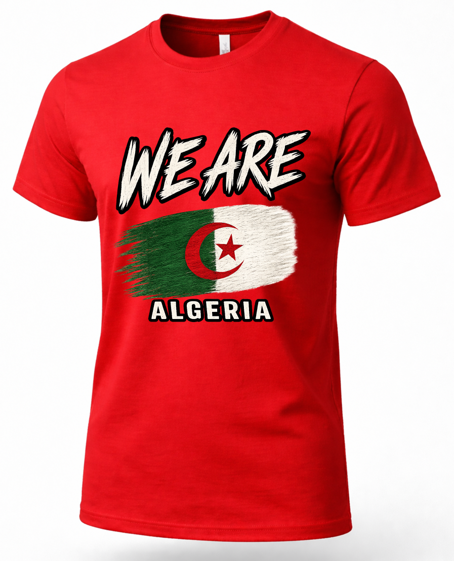 A red short-sleeve crewneck t-shirt featuring a distressed graphic print of the word 'WE ARE' above a stylized Algerian flag, with 'ALGERIA' printed below in white with a black outline.