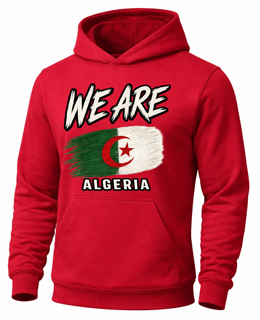 A red pullover hoodie featuring a distressed graphic print of the Algeria flag with the text 'WE ARE' above and 'ALGERIA' below, shown on a plain white background.