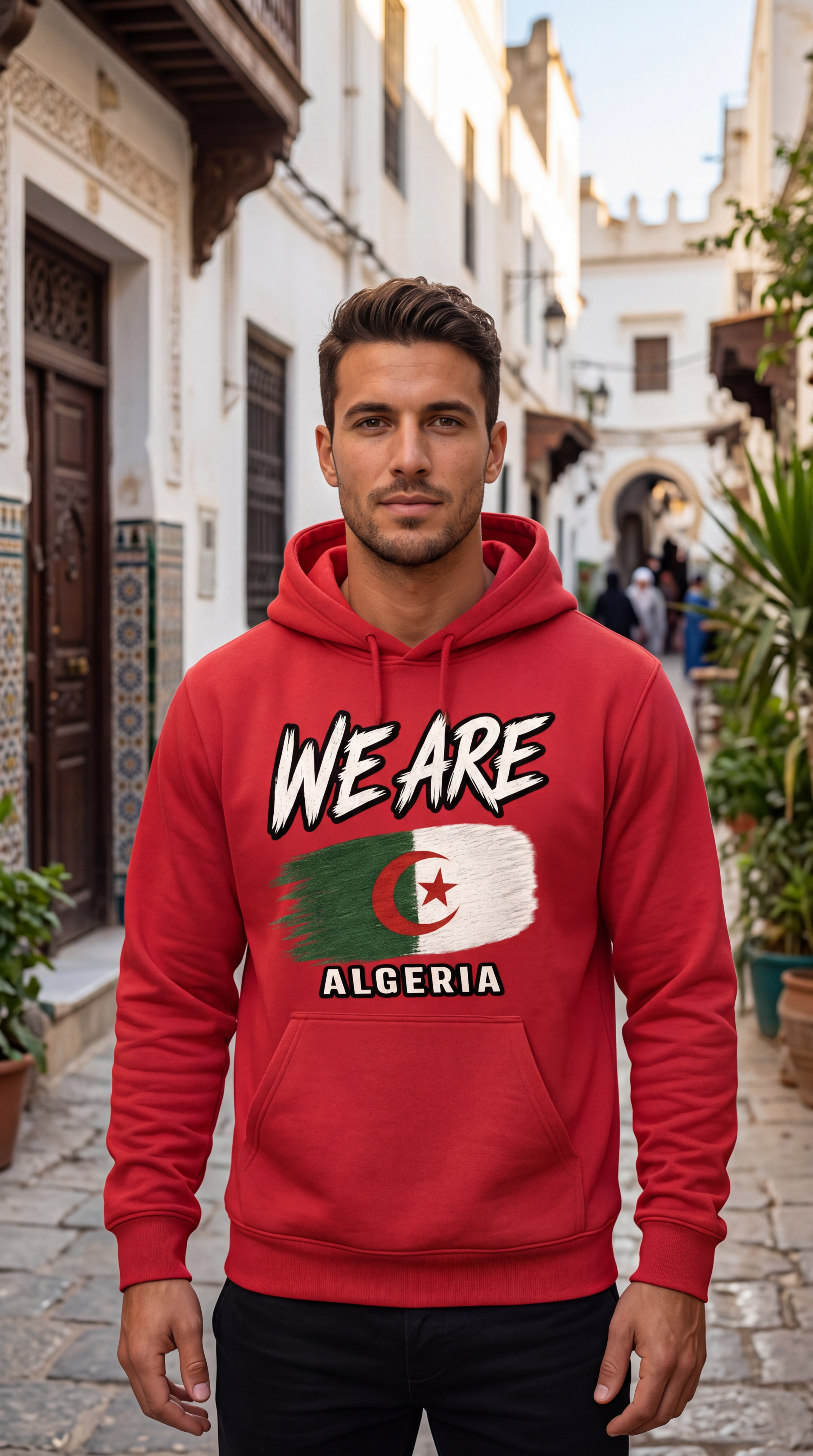 A man wearing a red hoodie with a graphic print of the word 'WE ARE' above the Algeria flag, standing in a narrow European-style street.