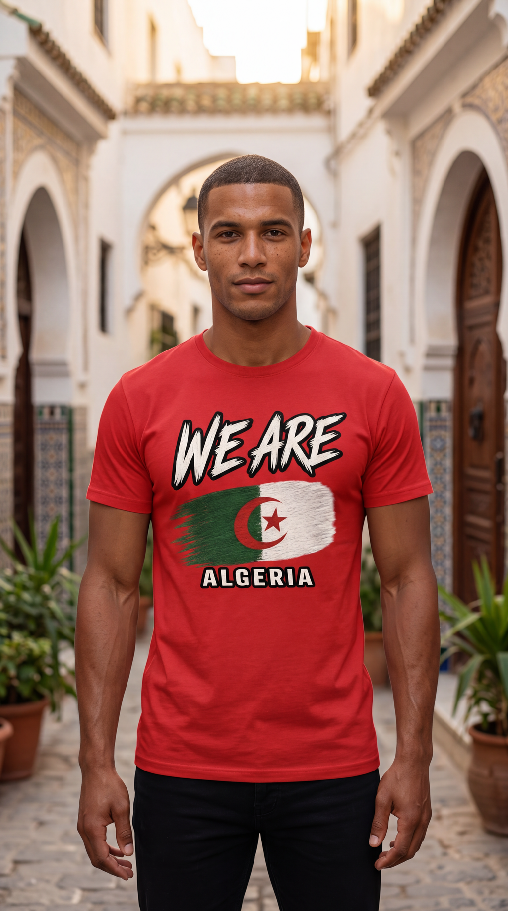 A man wearing a red graphic t-shirt with 'WE ARE ALGERIA' and the Algerian flag printed on the front, standing in a sunny, historic courtyard with white arches and potted plants.