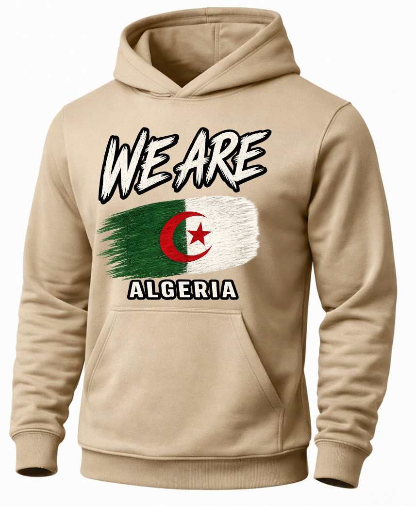 A beige pullover hoodie featuring a graphic print of the Algeria flag with the text 'WE ARE' above and 'ALGERIA' below, shown on a plain white background.