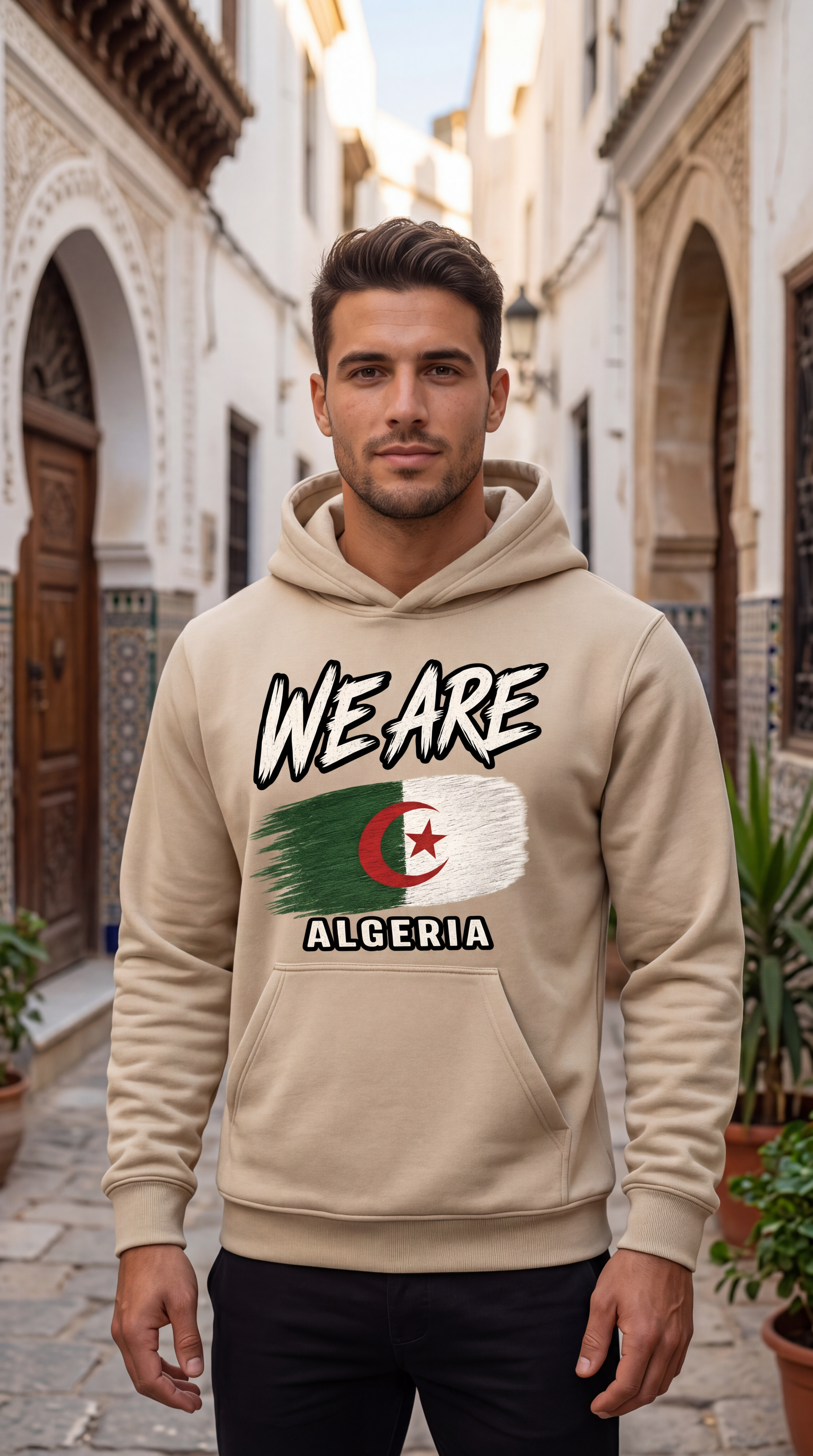 A man wearing a beige hoodie with a graphic print of the word 'WE ARE' above the Algeria flag, standing in a narrow European-style street.