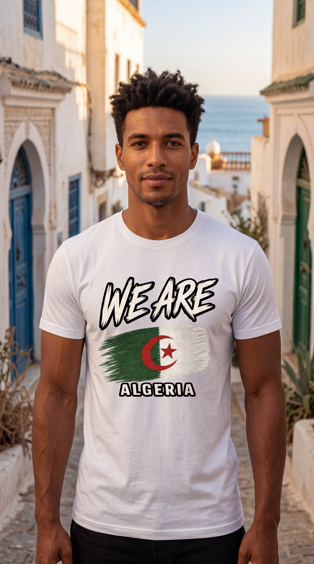 A man wearing a white graphic t-shirt with 'WE ARE ALGERIA' and the Algerian flag printed on the front, standing in a sunny, narrow European-style street with white buildings and blue doors.