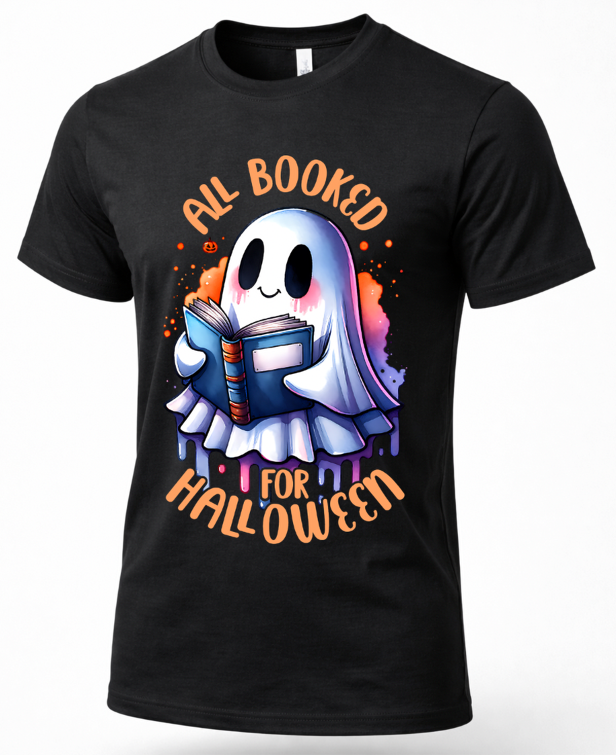A black short-sleeve crewneck t-shirt featuring a colorful graphic of a cute cartoon ghost reading a book, with the text 'ALL BOOKED FOR HALLOWEEN' in orange.