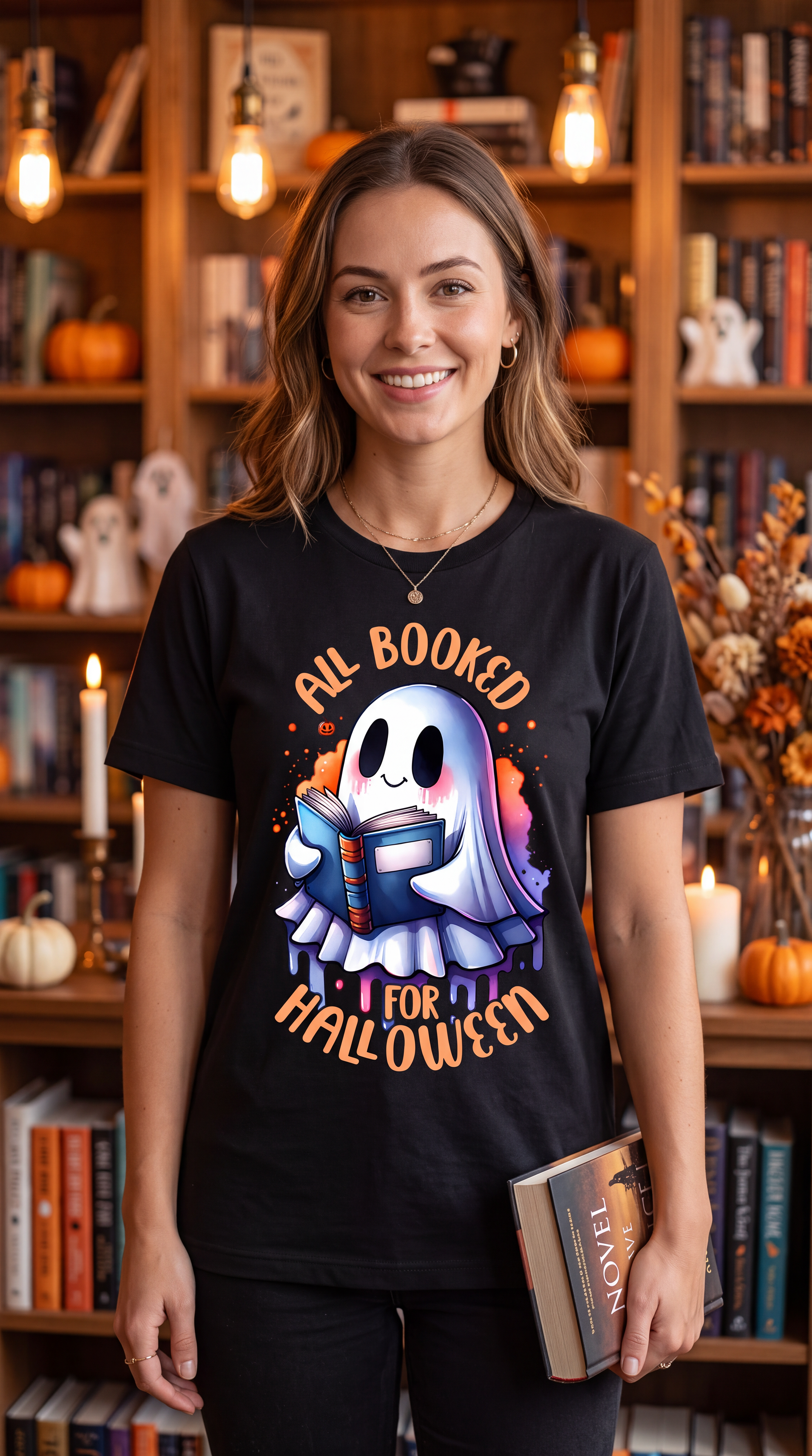 A woman stands in a cozy book-filled room wearing a black graphic T-shirt with a ghost illustration and the text 'ALL BOOKED FOR HALLOWEEN.' She holds a book in one hand, with warm lights, shelves, pumpkins, and candles in the background.