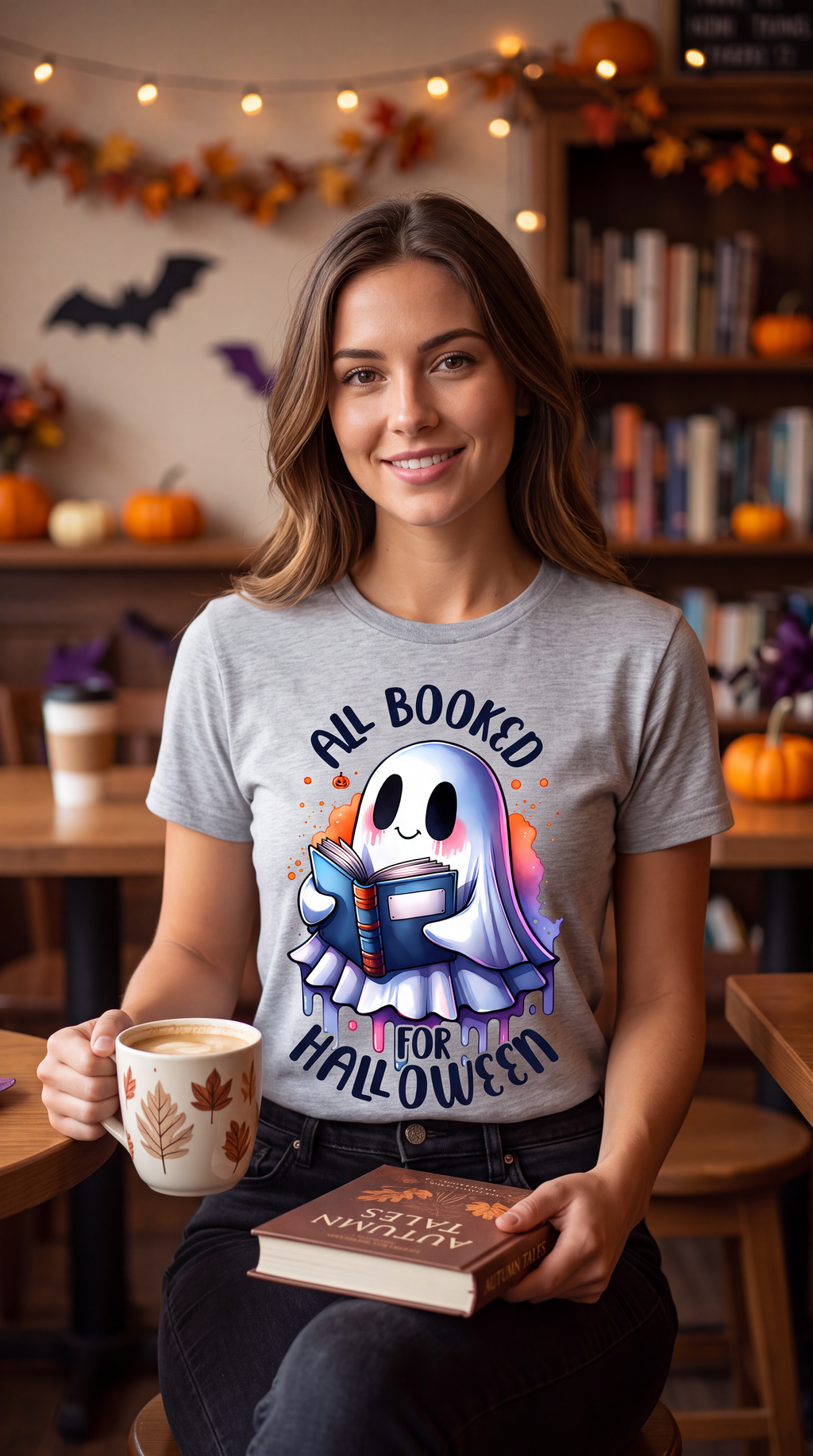 A woman sitting in a cozy, decorated bookshop or cafe, wearing a heather gray graphic t-shirt with a cartoon ghost holding a book and the text 'ALL BOOKED FOR HALLOWEEN'. She is holding a coffee mug and a book.