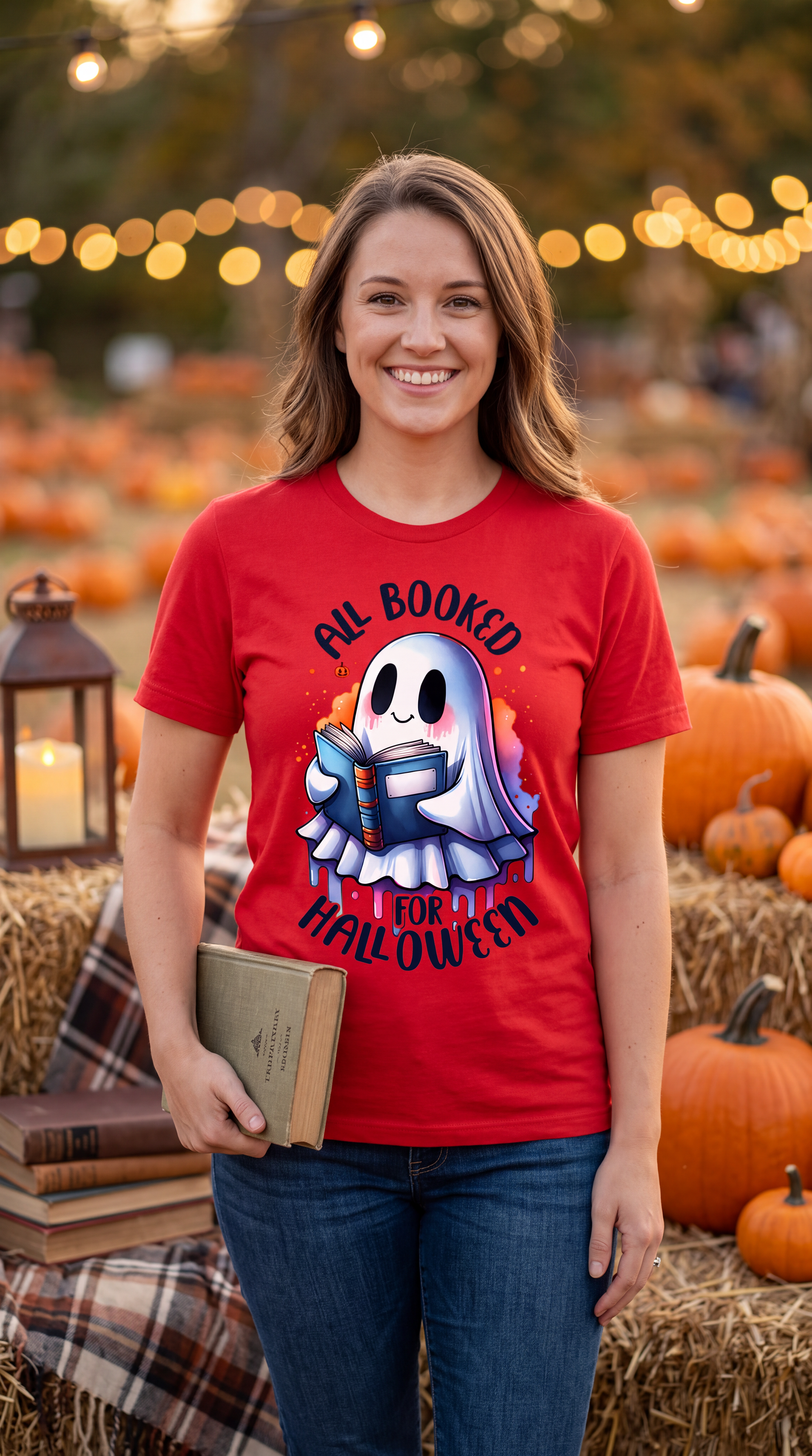 A smiling woman stands outdoors in a pumpkin patch wearing a bright red graphic T-shirt with a ghost holding a book and the text 'ALL BOOKED FOR HALLOWEEN.' She is also wearing blue jeans and holding a book.