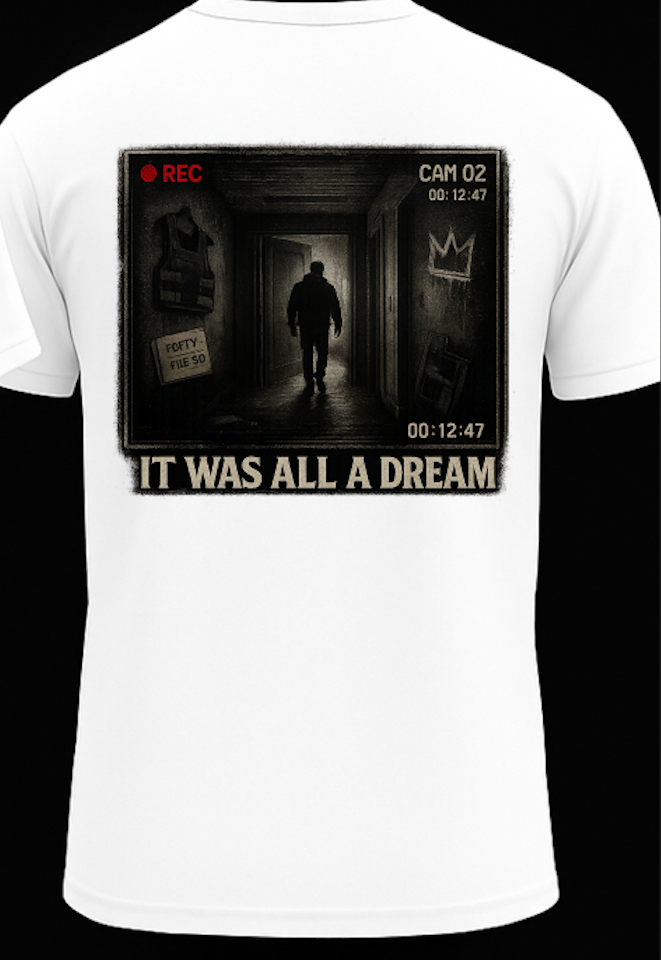 White graphic tee by Tailored Threadz showcasing a cinematic hallway scene and the phrase ‘It Was All a Dream’ printed on the back, shown on a black product mockup background.
