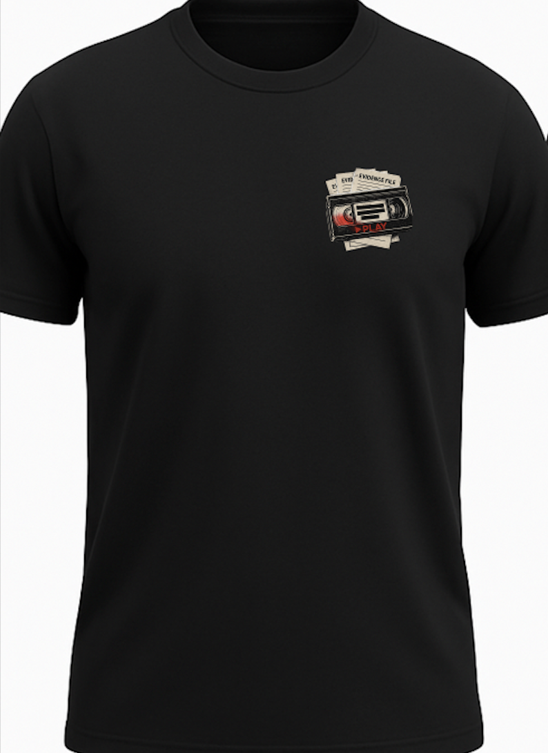 Black graphic tee by Tailored Threadz with a vintage tape and evidence file chest design, shown on a white product mockup background.