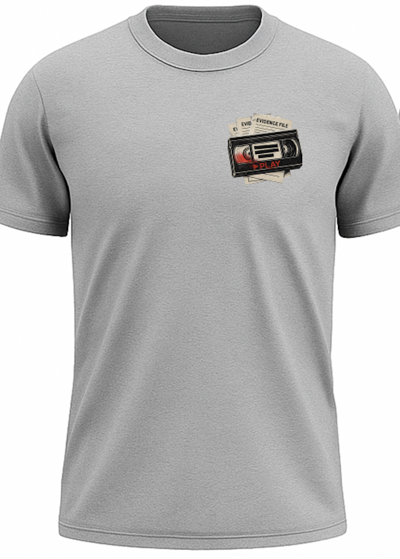 Gray streetwear t-shirt with a minimalist chest design of a retro cassette tape layered over distressed evidence-file papers.
