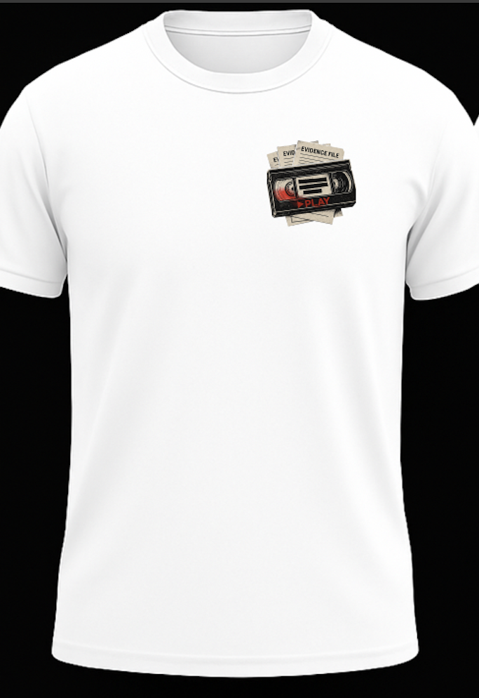 White streetwear graphic tee with a small front design of a vintage cassette tape and stacked evidence files, minimalist product mockup on a black background.