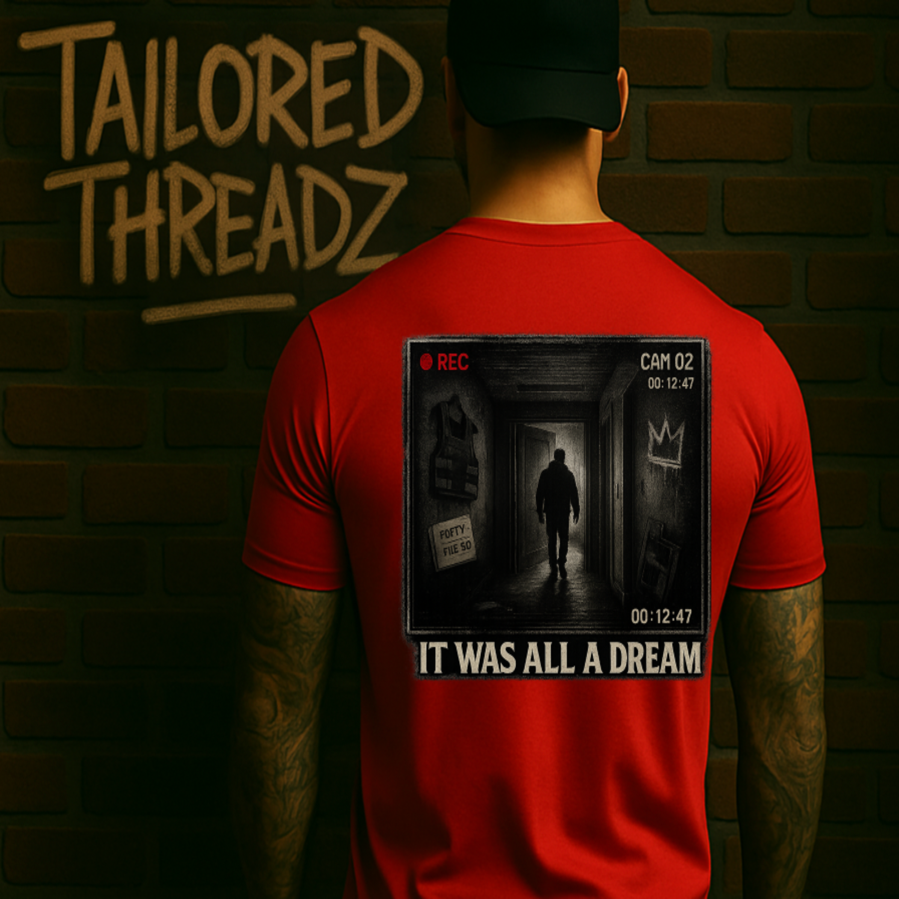 Back of a red streetwear graphic tee by Tailored Threadz showing a vintage camcorder-style hallway design, photographed against a dark brick wall for product display.