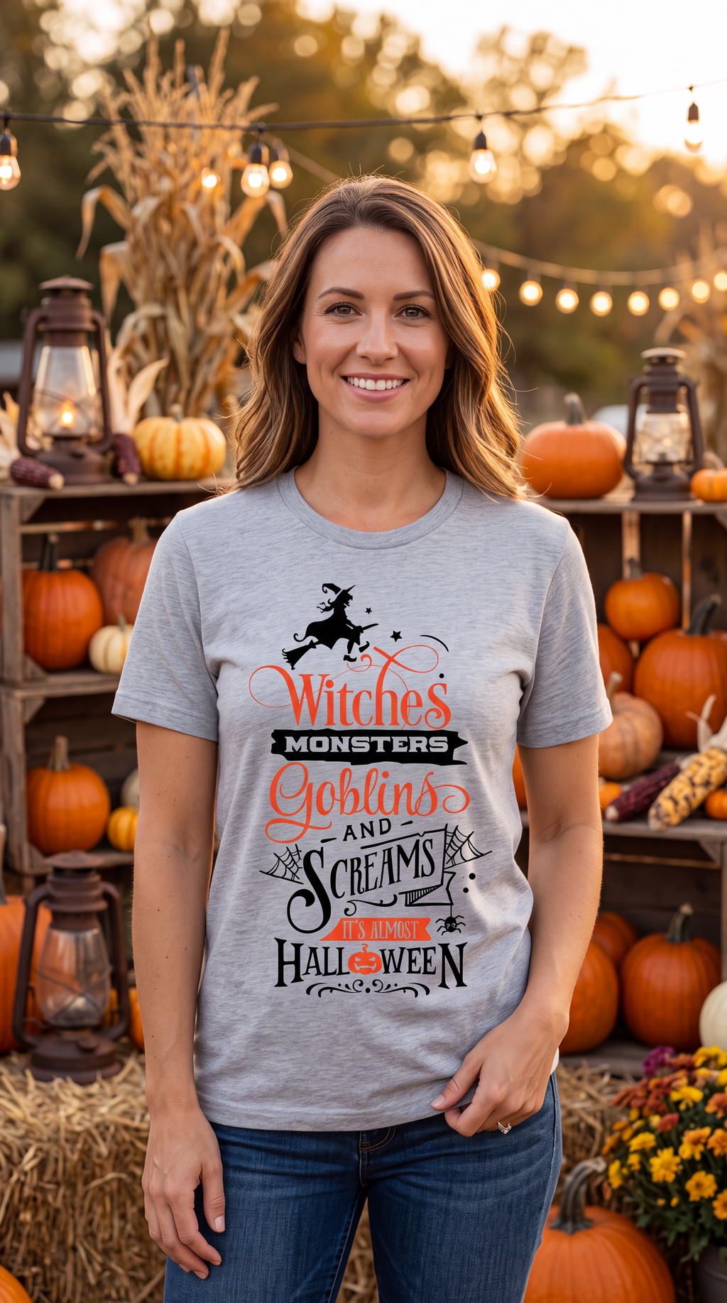 A woman stands outdoors in a fall yard wearing a heather gray graphic T-shirt with orange and black Halloween-themed text reading 'Witches Monsters Goblins and Screams before Halloween.' Pumpkins, lanterns, hay, and string lights are visible in the background.