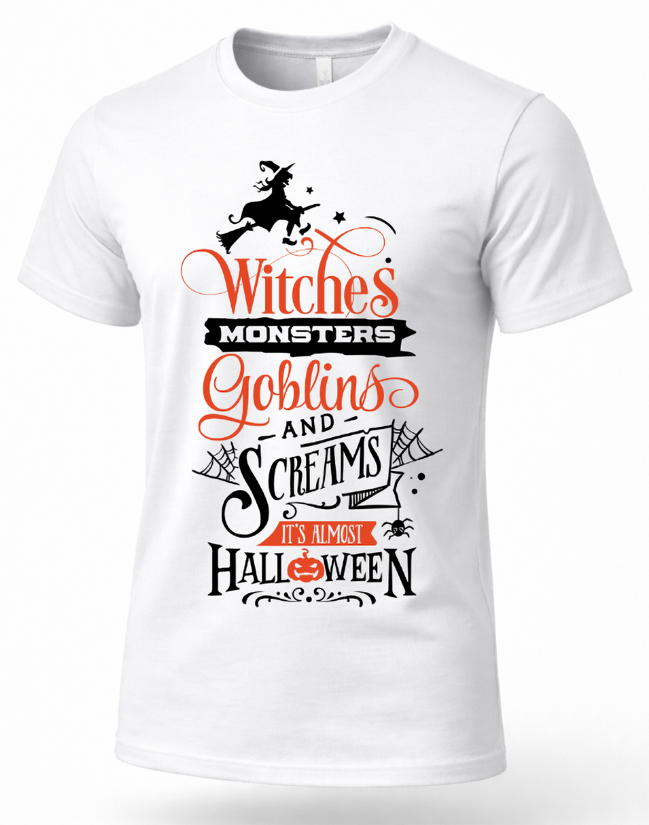 A white short-sleeve crewneck t-shirt with a Halloween-themed graphic print on the front. The graphic features a black silhouette of a witch riding a broomstick above the text 'Witches Monsters Goblins and Screams It's Almost Halloween' in orange and black fonts.