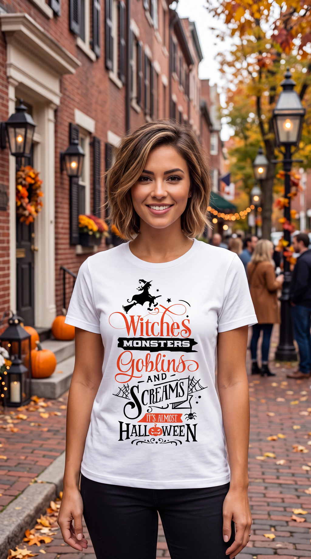 A woman stands on a brick street wearing a white graphic T-shirt with Halloween-themed text reading 'Witches Monsters Goblins and Screams before Halloween' and a black witch silhouette, with an autumn street scene in the background.