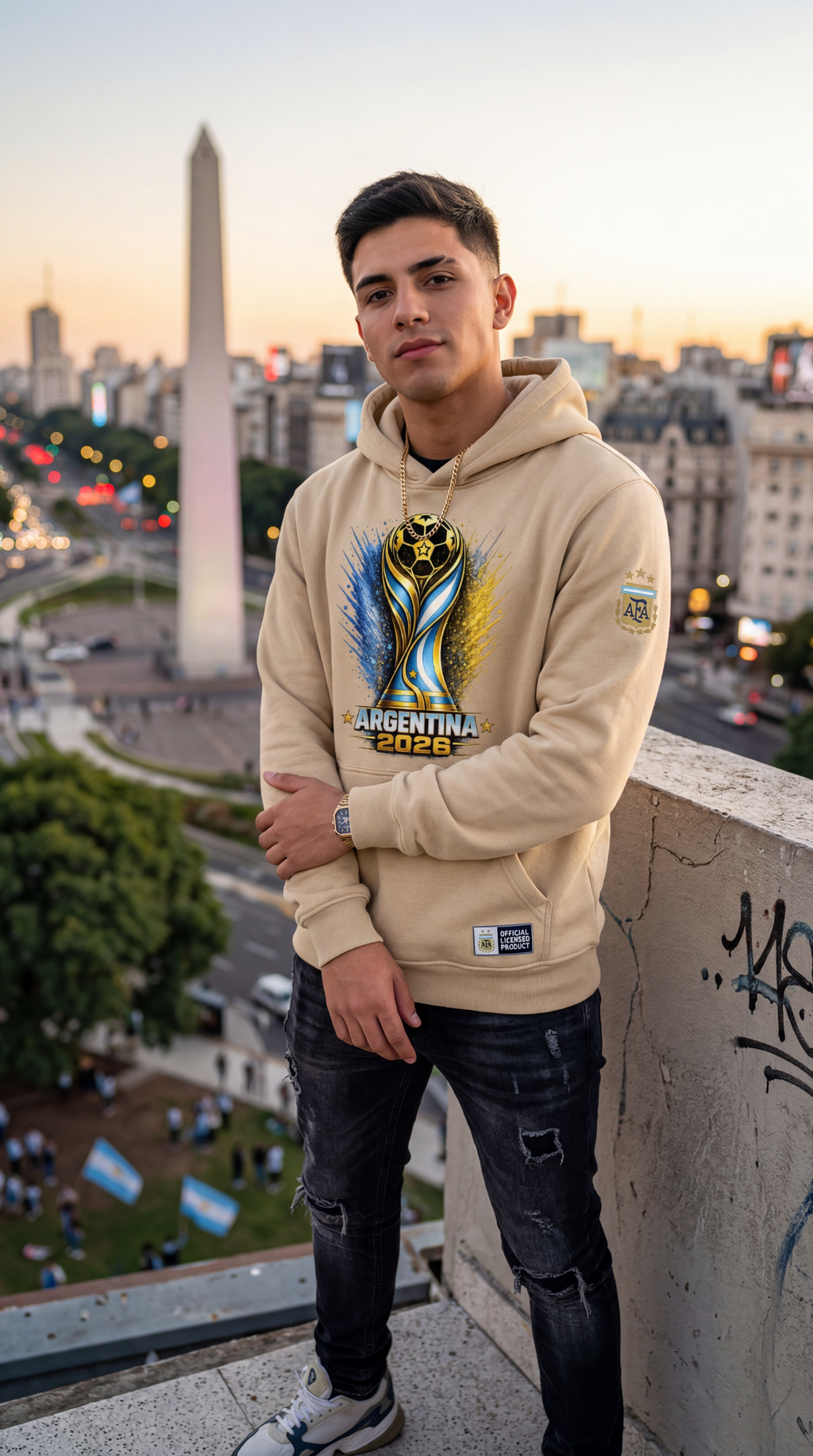 Argentina football fan wearing beige Argentina 2026 soccer hoodie overlooking Buenos Aires skyline during sunset