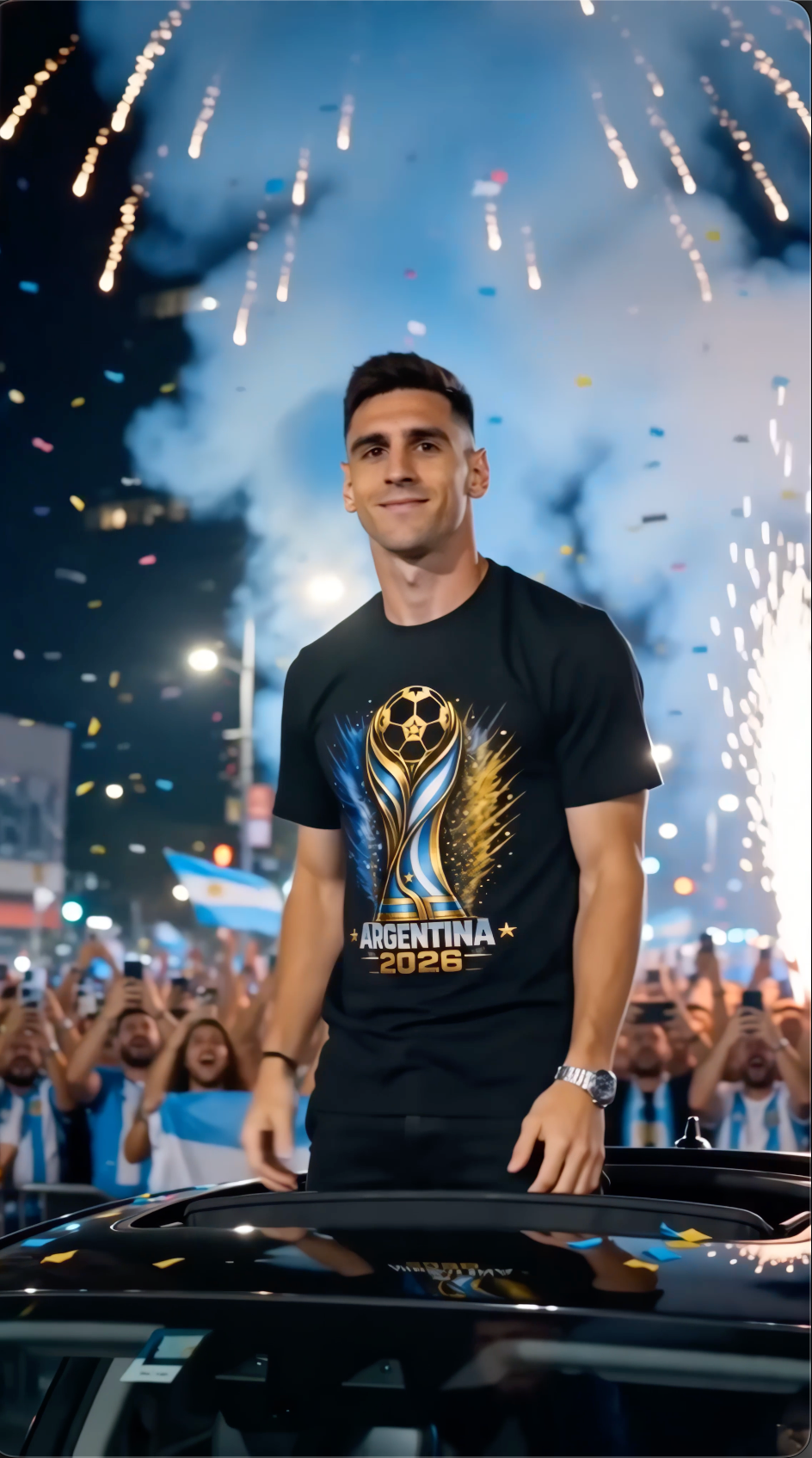 Argentina soccer fan wearing black Argentina 2026 football graphic T-shirt during championship celebration with fireworks and crowd