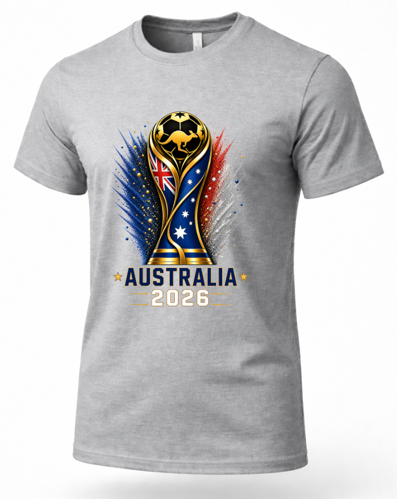 Gray t-shirt with Australia 2026 World Cup design on a white background