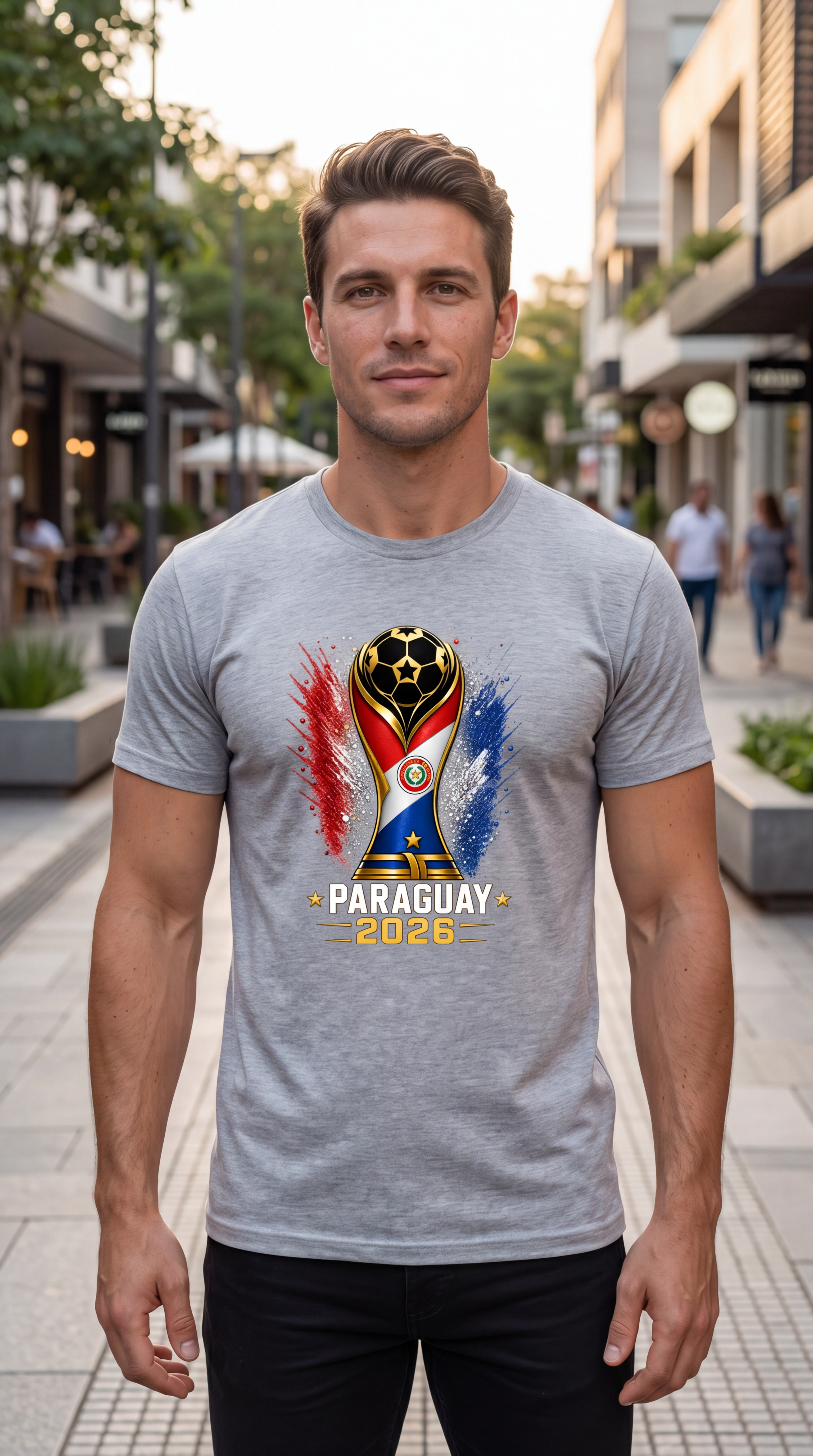 Man wearing a gray t-shirt with South Africa 2023 design on a city street.