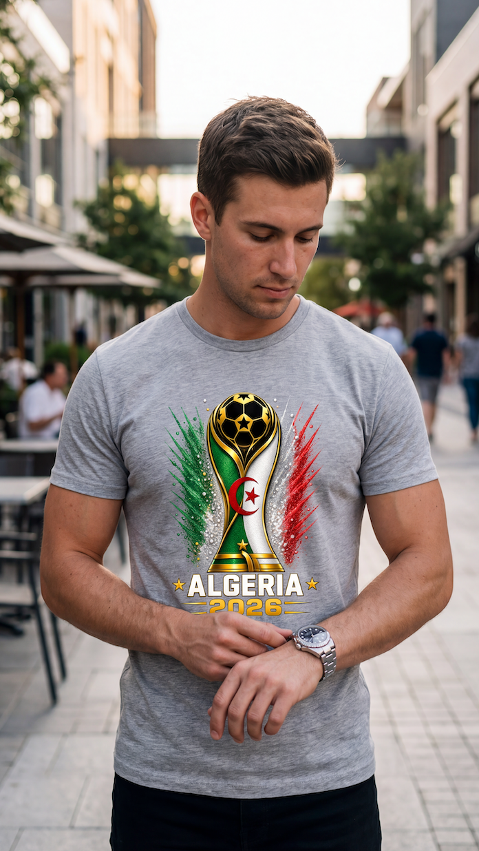 Man wearing a gray t-shirt with Algeria 2026 design in an urban setting