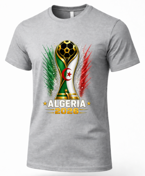 Gray t-shirt with Algeria 2026 World Cup design on a white background