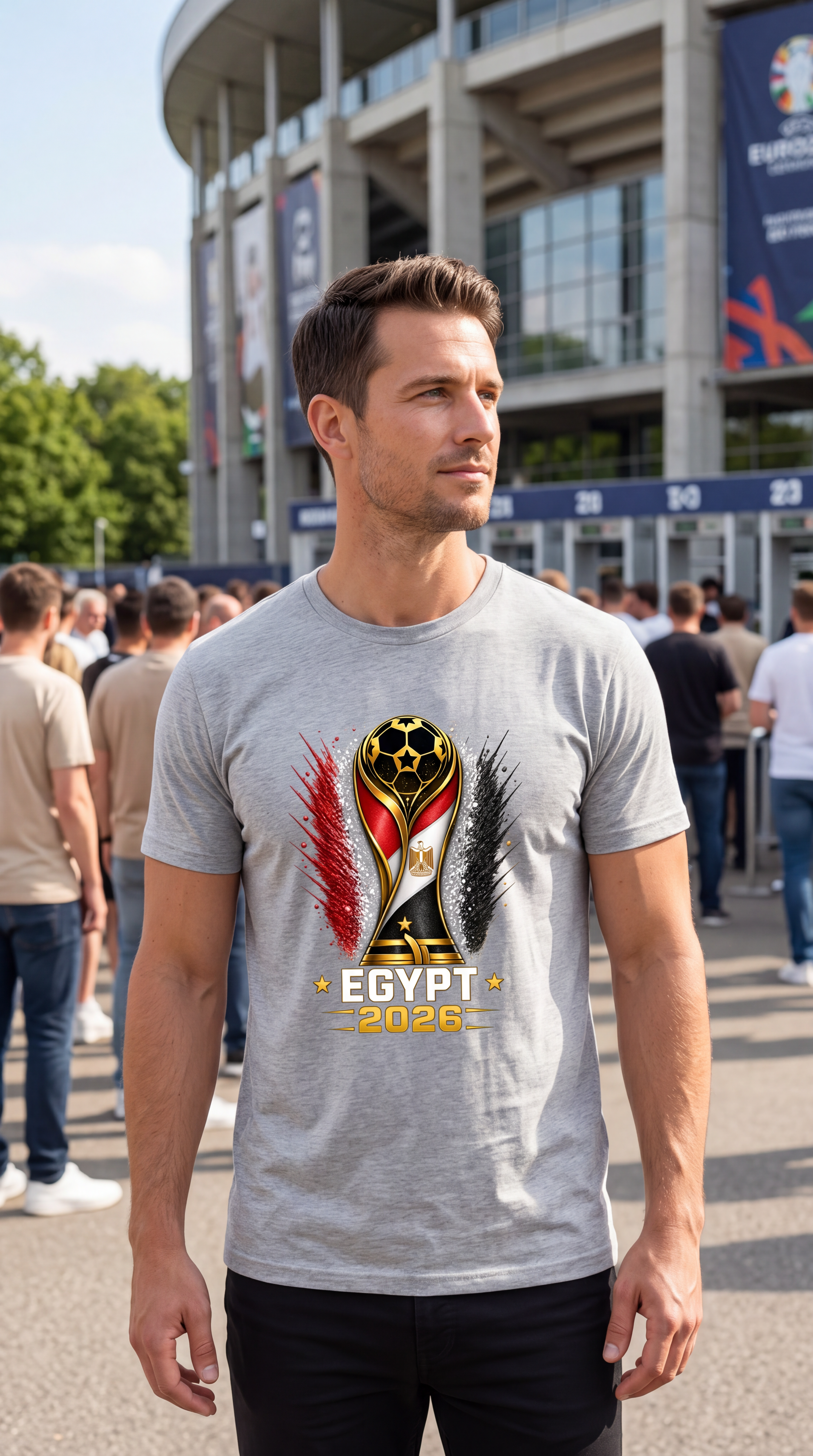 Man wearing a t-shirt with a design in front of a stadium.