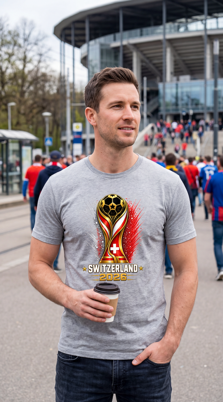 Man wearing a gray t-shirt with a Switzerland 2020 logo, holding a coffee cup, standing in a stadium.