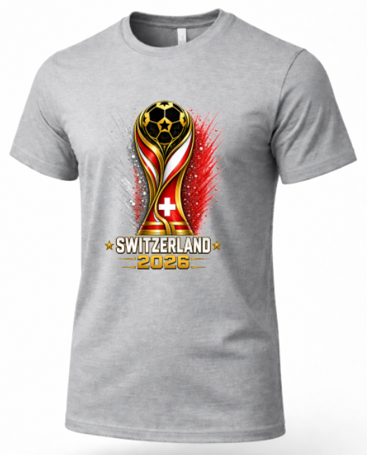 Gray t-shirt with Switzerland 2026 World Cup logo on a white background