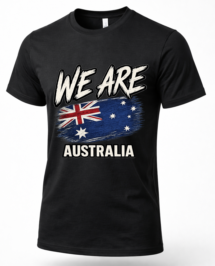 A black short-sleeve crewneck t-shirt featuring a distressed graphic print of the Australian flag and the text 'WE ARE AUSTRALIA' in white.