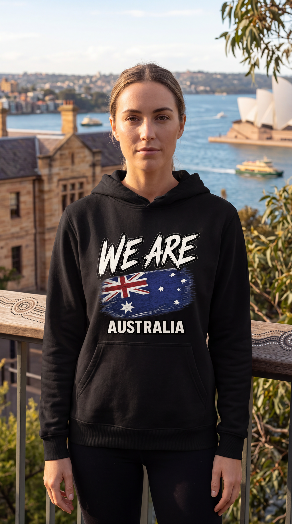 A woman wearing a black hoodie with a graphic print that reads 'WE ARE AUSTRALIA' and features the Australian flag, standing outdoors with a Sydney Harbour backdrop.