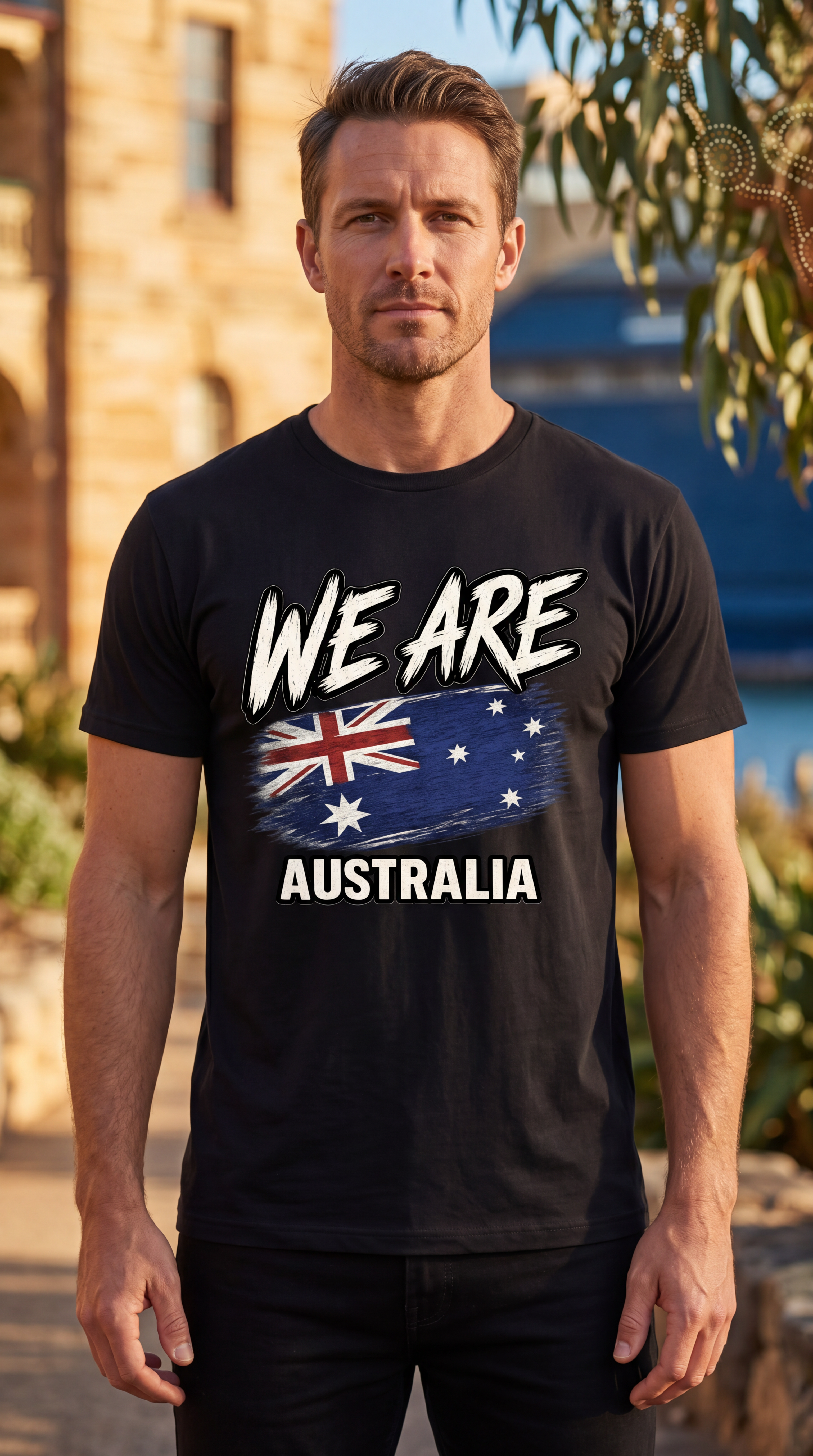 A man wearing a black graphic t-shirt with 'WE ARE AUSTRALIA' and the Australian flag printed on the front, set against an outdoor background of a stone building and greenery.