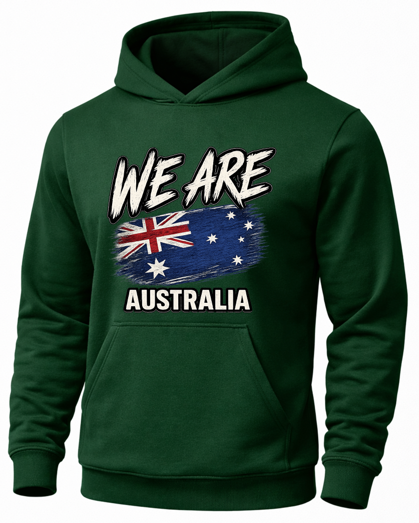A dark green pullover hoodie featuring a front graphic with the text 'WE ARE AUSTRALIA' and a stylized Australian flag, shown on a plain white background.