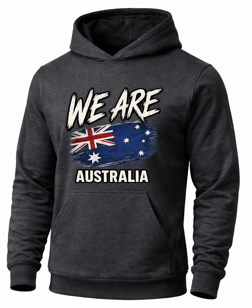 A dark gray pullover hoodie featuring a graphic print on the front with the text 'WE ARE AUSTRALIA' and an Australian flag design.
