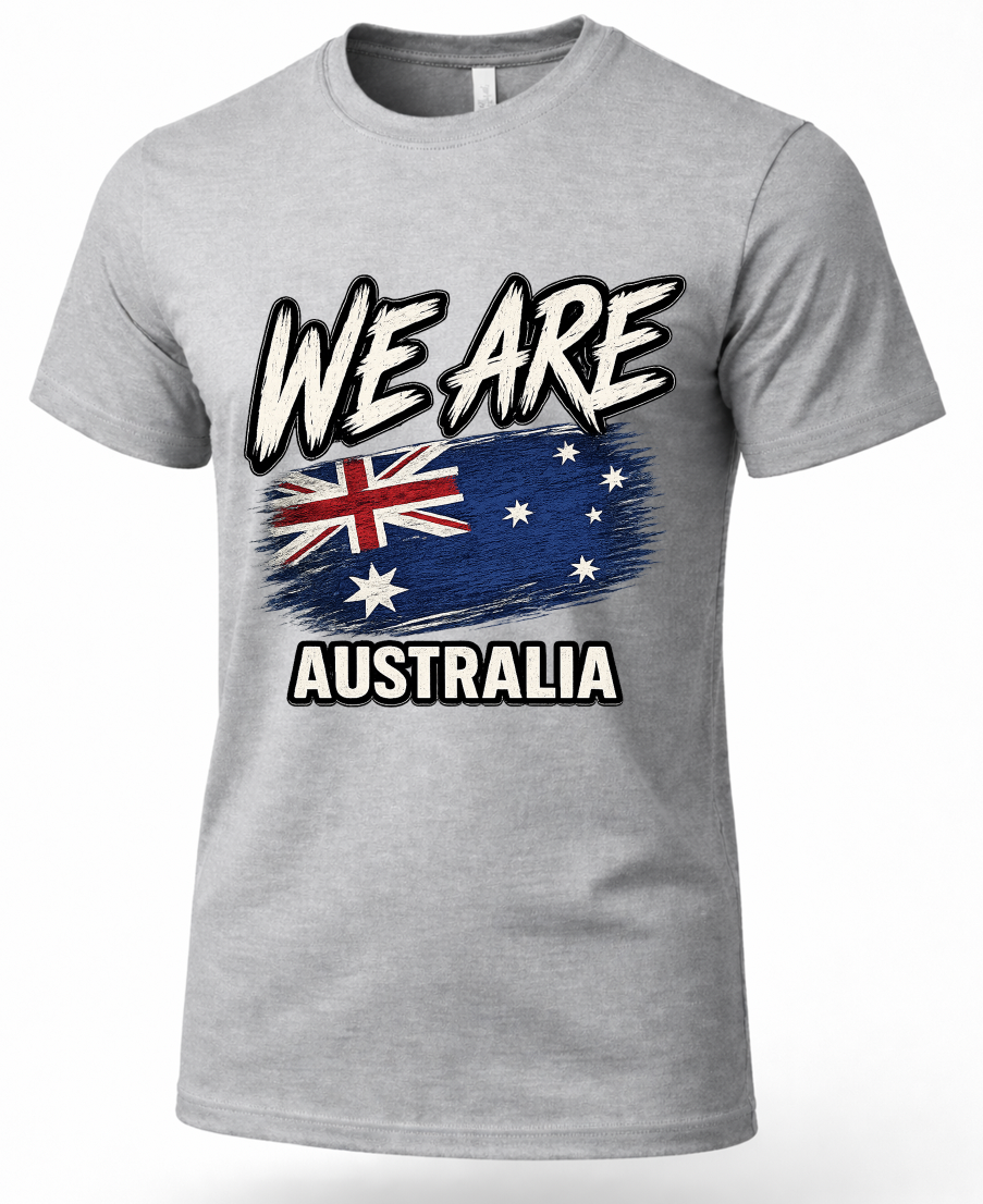 A heather gray short-sleeve crewneck t-shirt featuring a graphic print on the front with the text 'WE ARE AUSTRALIA' and a distressed Australian flag design.