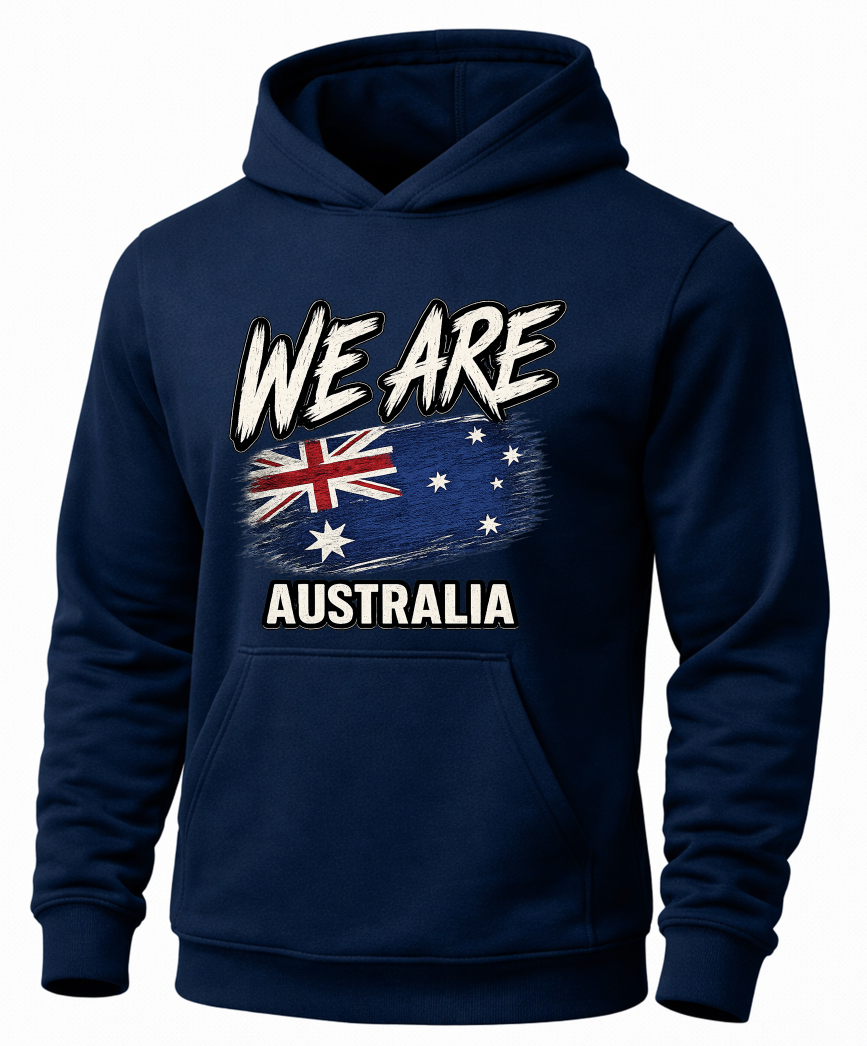 A navy blue pullover hoodie with a front graphic that reads 'WE ARE AUSTRALIA' above and below a stylized Australian flag design, shown on a plain white background.