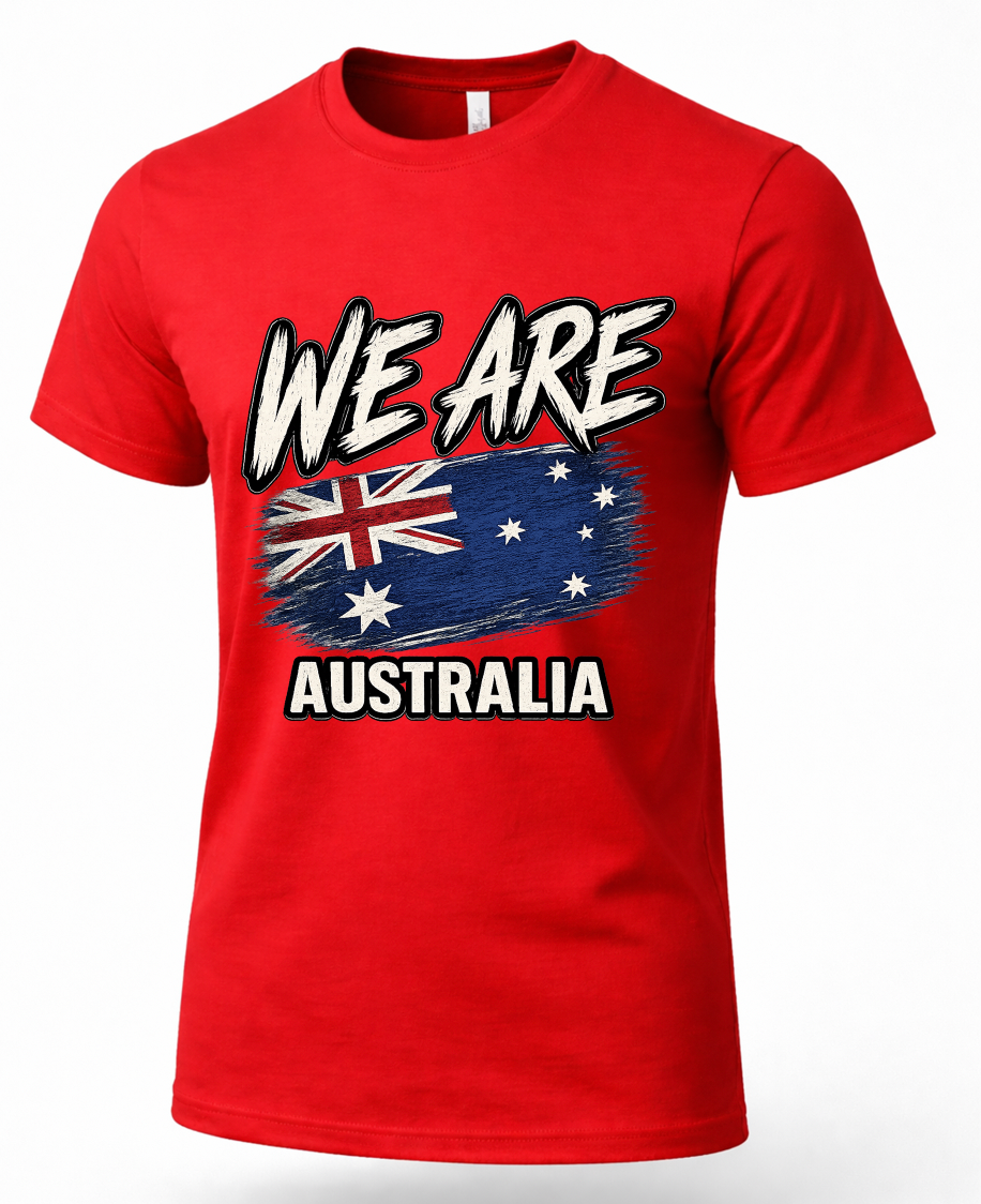 A red short-sleeve crewneck t-shirt featuring a graphic print of the Australian flag with the text 'WE ARE AUSTRALIA' in bold white letters with black outlines.