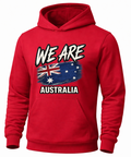 A red pullover hoodie featuring a front graphic with the text 'WE ARE AUSTRALIA' and a distressed Australian flag design, shown on a plain white background.