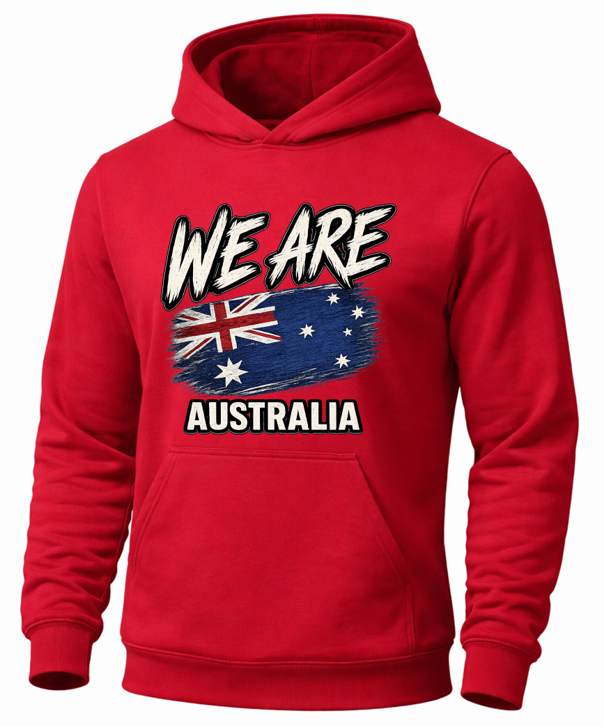 A red pullover hoodie featuring a front graphic with the text 'WE ARE AUSTRALIA' and a distressed Australian flag design, shown on a plain white background.