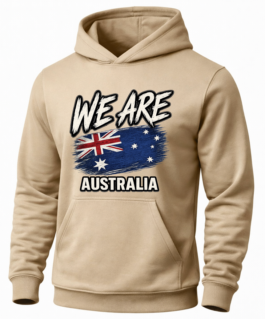 A beige pullover hoodie with a front graphic that reads 'WE ARE AUSTRALIA' above and below a stylized Australian flag, shown on a plain light background.