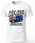 A white short-sleeve crewneck t-shirt featuring a graphic print of the Australian flag with the text 'WE ARE AUSTRALIA' in a bold, distressed font.