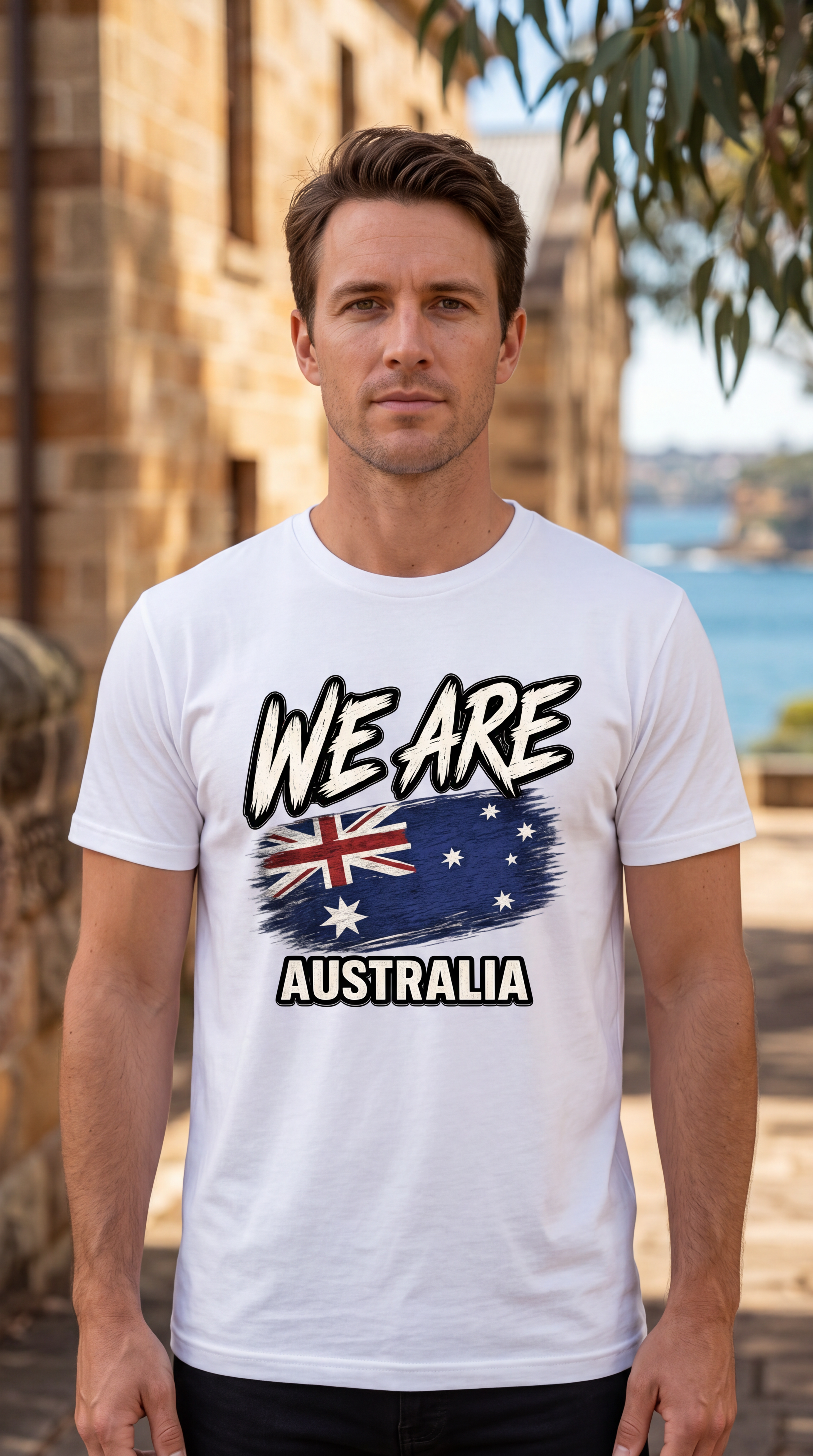 A man wearing a white graphic t-shirt with 'WE ARE AUSTRALIA' and an Australian flag design, standing outdoors in front of a stone building.