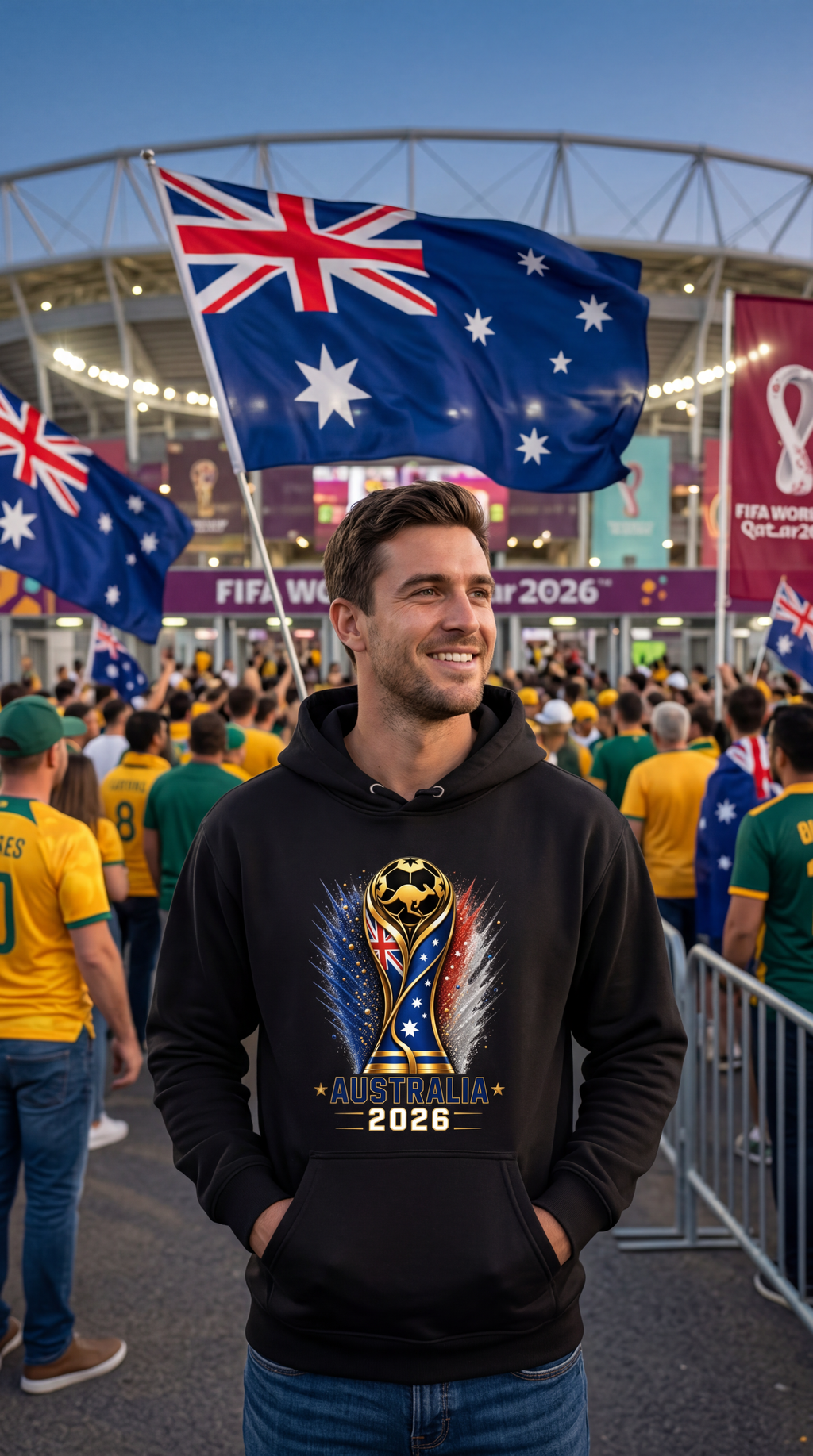Man wearing a black hoodie with a sports team logo and text, standing in a stadium with Australian flags.