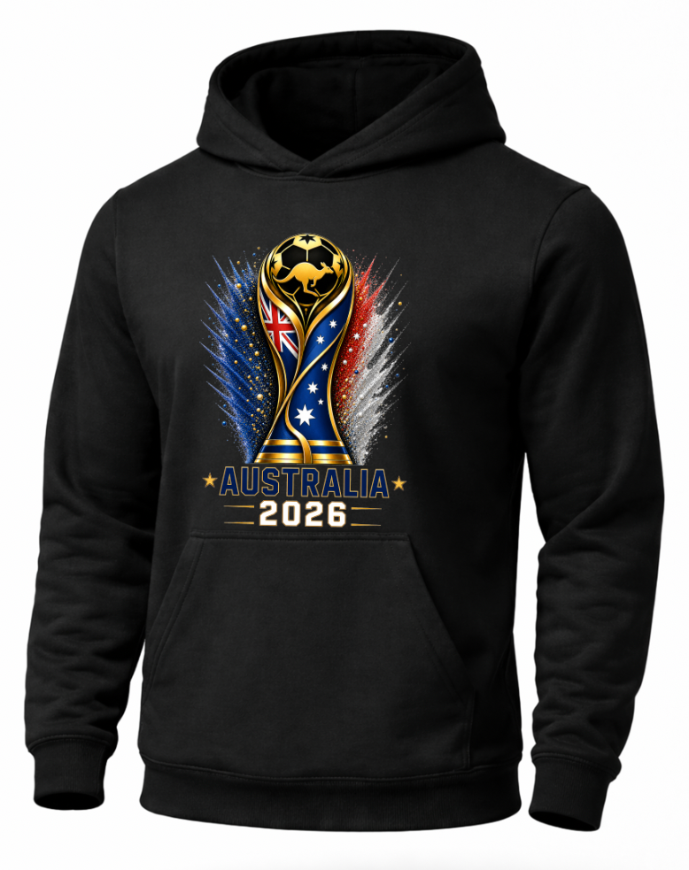 Black hoodie with Australia 2026 World Cup design on a white background