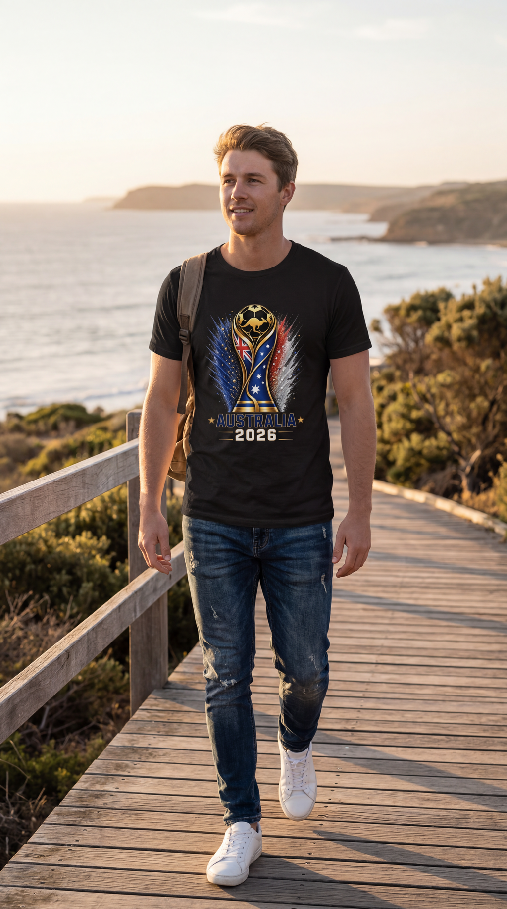 Man wearing a black t-shirt with a graphic design standing on a street with buildings and people in the background.