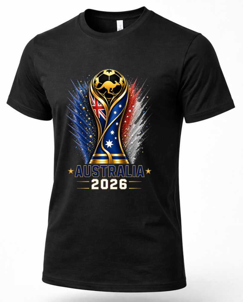 Black t-shirt with Australia 2026 World Cup design on a white background