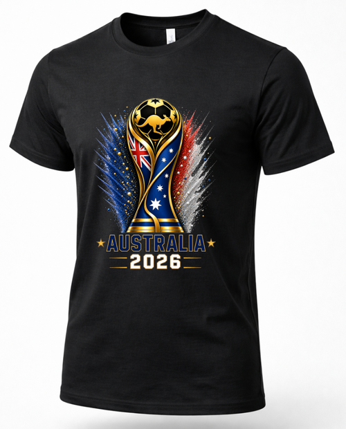 Black t-shirt with Australia 2026 World Cup design on a white background