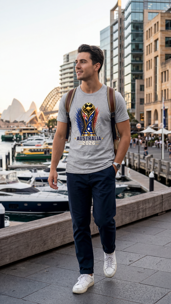 Man wearing a t-shirt with a design in an urban setting