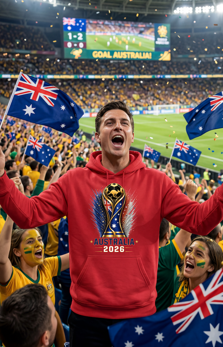 Person in a red hoodie with a World Cup 2026 logo at a sports event with Australian flags.